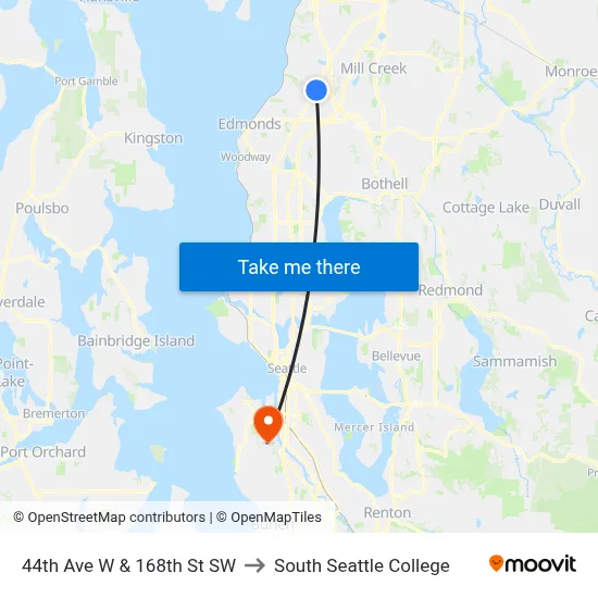 44th Ave W & 168th St SW to South Seattle College map