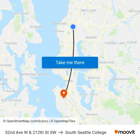 52nd Ave W & 212th St SW to South Seattle College map