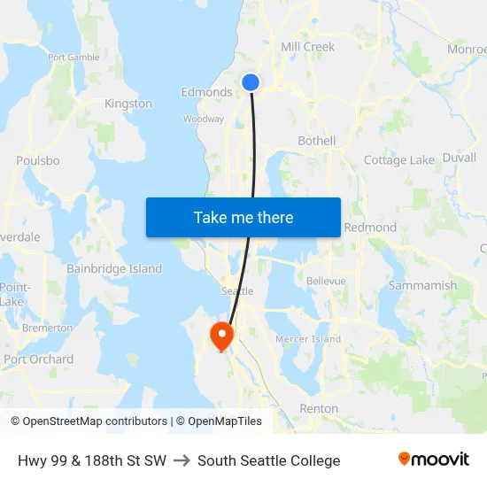 Hwy 99 & 188th St SW to South Seattle College map