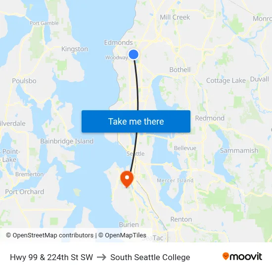 Hwy 99 & 224th St SW to South Seattle College map