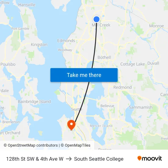 128th St SW & 4th Ave W to South Seattle College map
