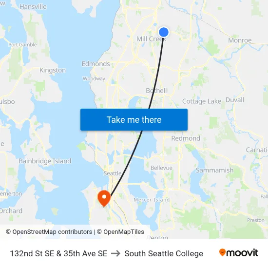 132nd St SE & 35th Ave SE to South Seattle College map