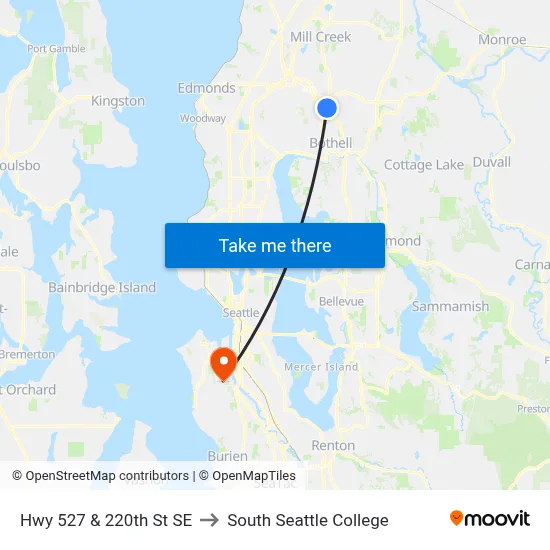 Hwy 527 & 220th St SE to South Seattle College map