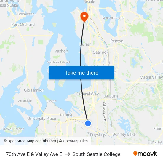 70th Ave E & Valley Ave E to South Seattle College map