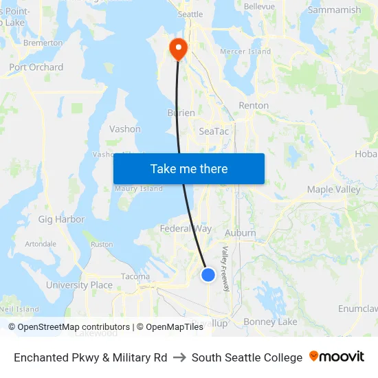 Enchanted Pkwy & Military Rd to South Seattle College map