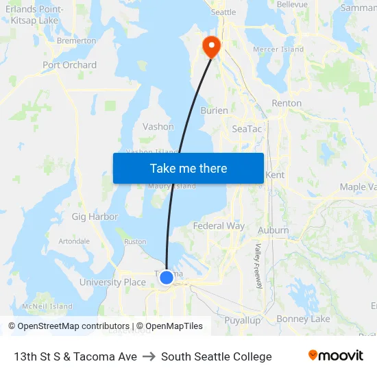 13th St S & Tacoma Ave to South Seattle College map