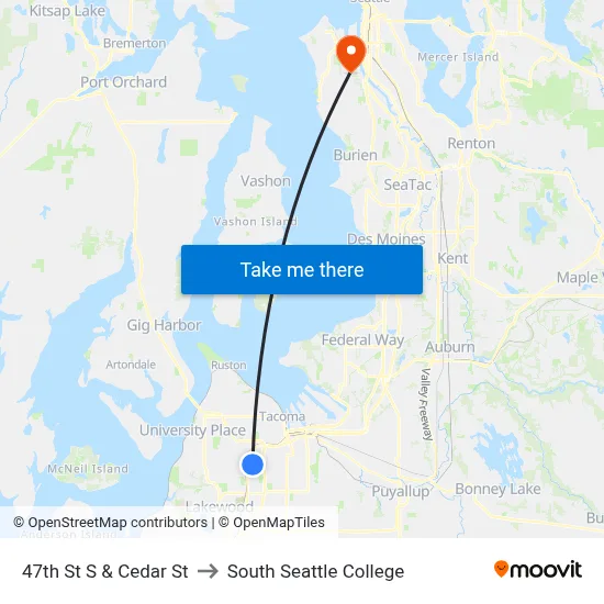 47th St S & Cedar St to South Seattle College map