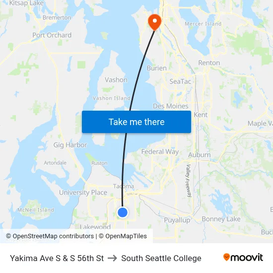Yakima Ave S & S 56th St to South Seattle College map