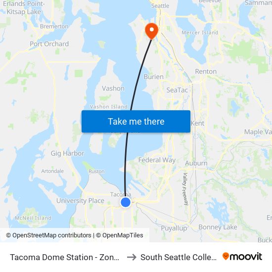 Tacoma Dome Station - Zone A to South Seattle College map