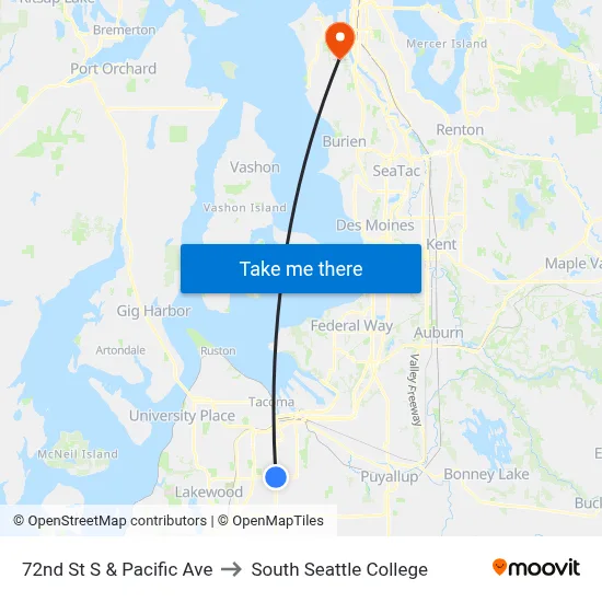 72nd St S & Pacific Ave to South Seattle College map
