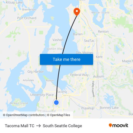 Tacoma Mall TC to South Seattle College map