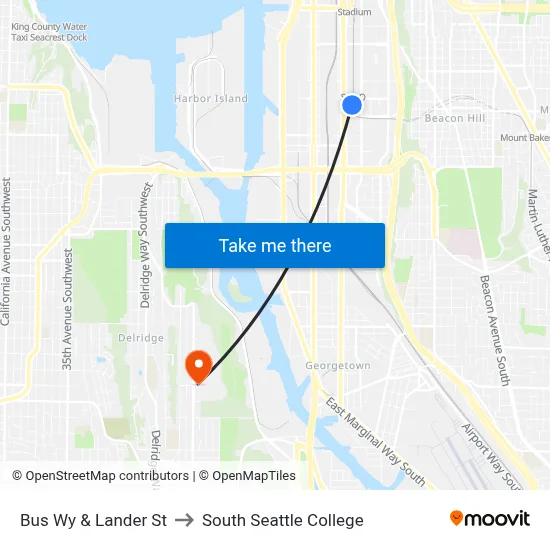 Bus Wy & Lander St to South Seattle College map