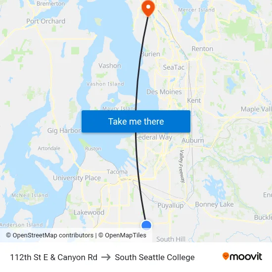 112th St E & Canyon Rd to South Seattle College map
