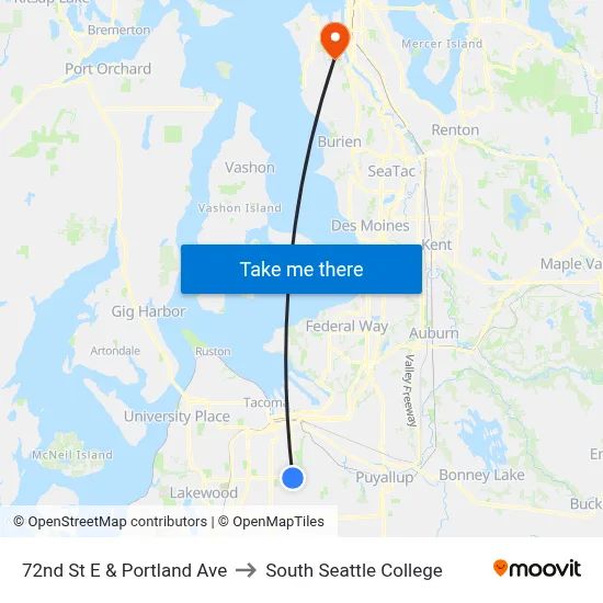 72nd St E & Portland Ave to South Seattle College map