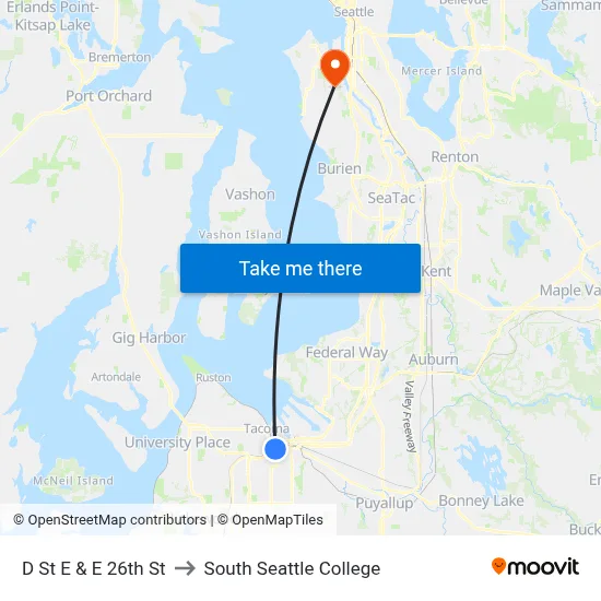 D St E & E 26th St to South Seattle College map