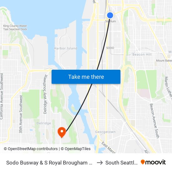 Sodo Busway & S Royal Brougham Way (Stadium Station) to South Seattle College map