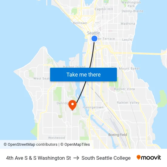 4th Ave S & S Washington St to South Seattle College map