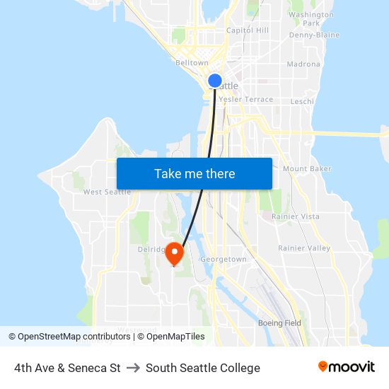 4th Ave & Seneca St to South Seattle College map