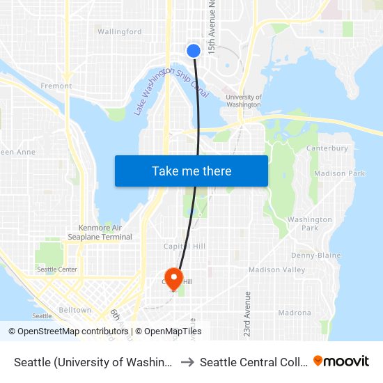 Seattle (University of Washington) to Seattle Central College map