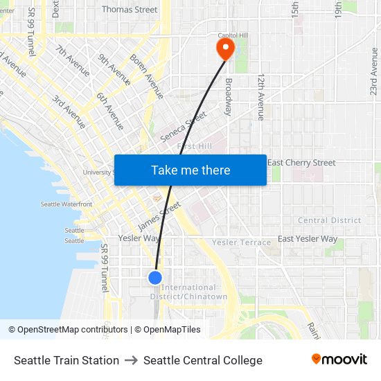 Seattle Train Station to Seattle Central College map