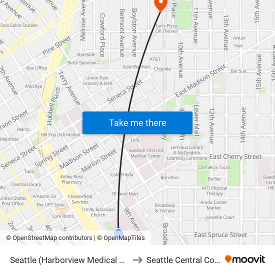 Seattle (Harborview Medical Center) to Seattle Central College map