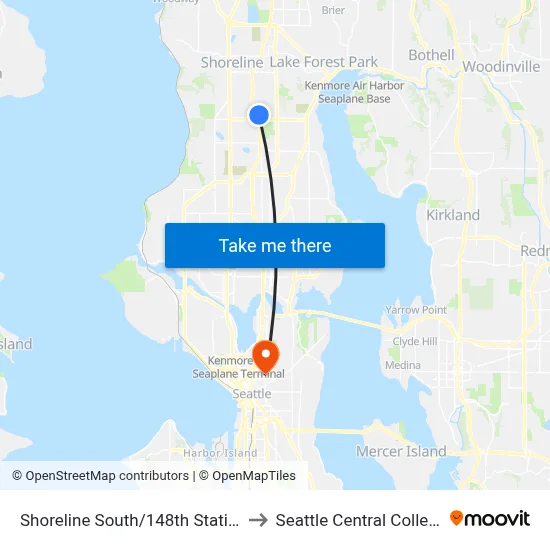 Shoreline South/148th Station to Seattle Central College map