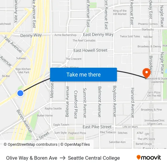 Olive Way & Boren Ave to Seattle Central College map
