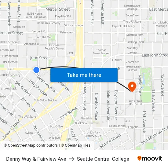 Denny Way & Fairview Ave to Seattle Central College map