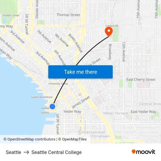 Seattle to Seattle Central College map