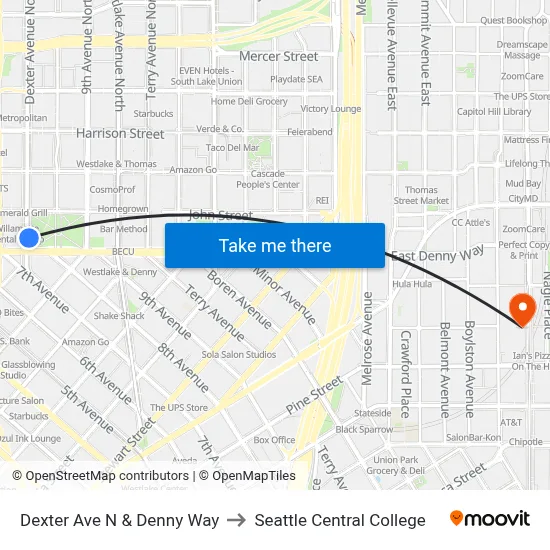Dexter Ave N & Denny Way to Seattle Central College map