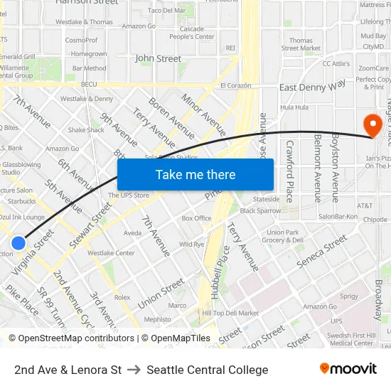 2nd Ave & Lenora St to Seattle Central College map