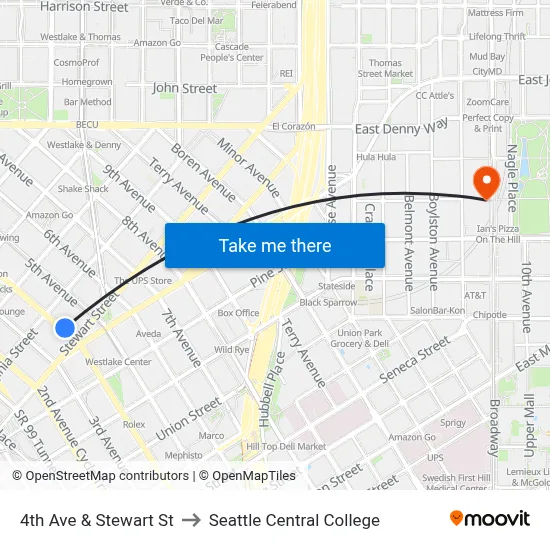 4th Ave & Stewart St to Seattle Central College map