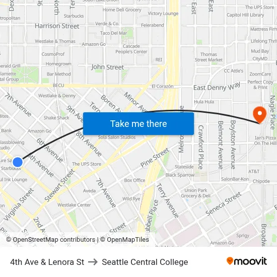 4th Ave & Lenora St to Seattle Central College map