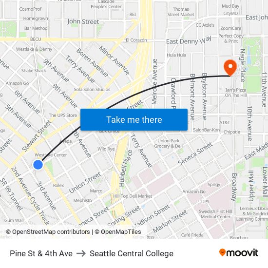 Pine St & 4th Ave to Seattle Central College map