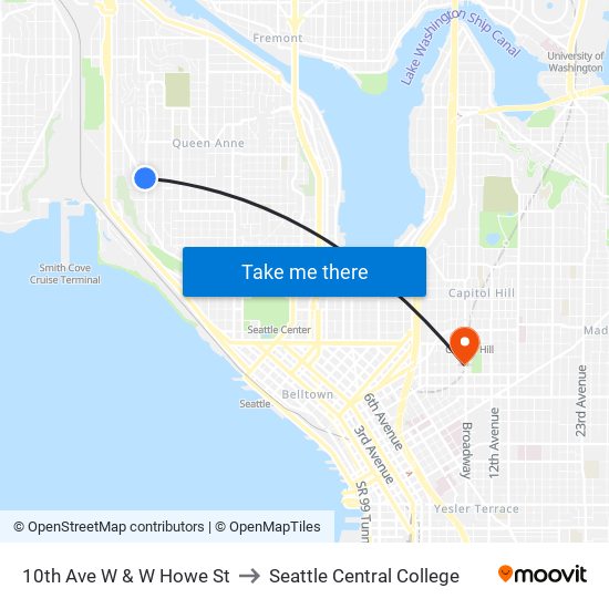 10th Ave W & W Howe St to Seattle Central College map
