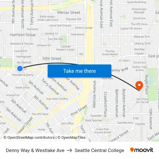 Denny Way & Westlake Ave to Seattle Central College map