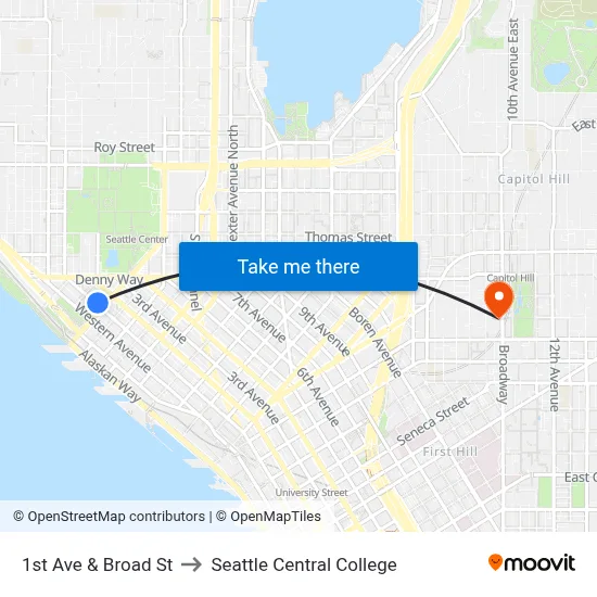 1st Ave & Broad St to Seattle Central College map