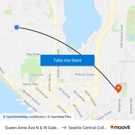 Queen Anne Ave N & W Galer St to Seattle Central College map