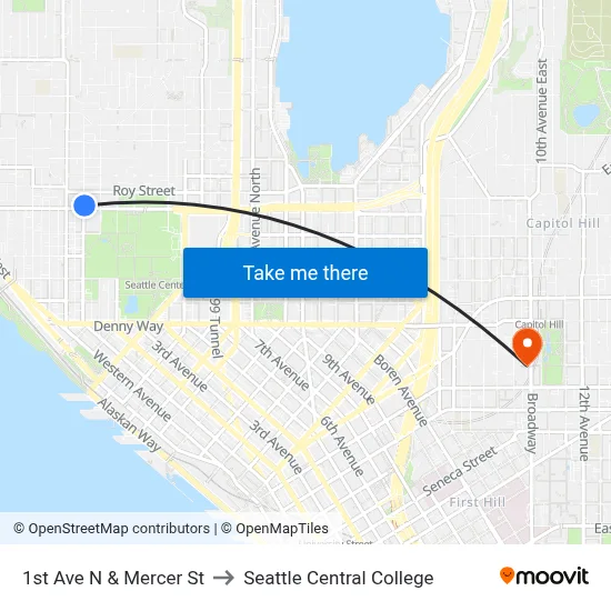 1st Ave N & Mercer St to Seattle Central College map