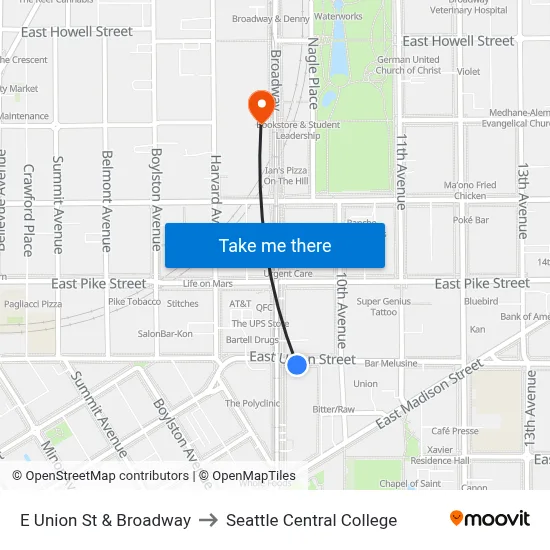 E Union St & Broadway to Seattle Central College map