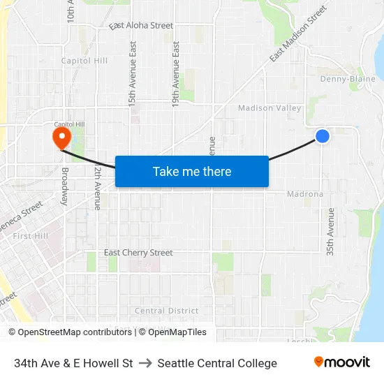 34th Ave & E Howell St to Seattle Central College map