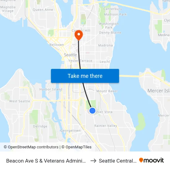 Beacon Ave S & Veterans Administration Hospital to Seattle Central College map