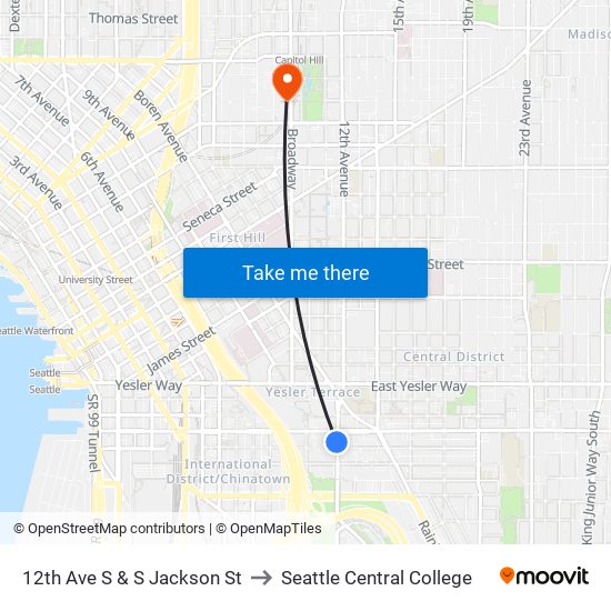 12th Ave S & S Jackson St to Seattle Central College map