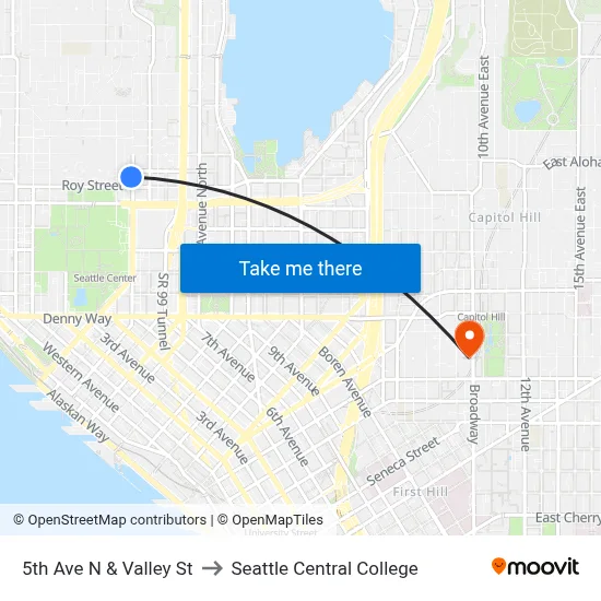 5th Ave N & Valley St to Seattle Central College map