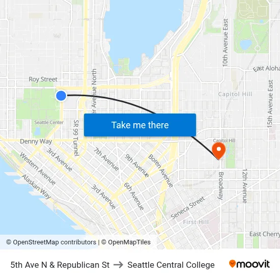 5th Ave N & Republican St to Seattle Central College map