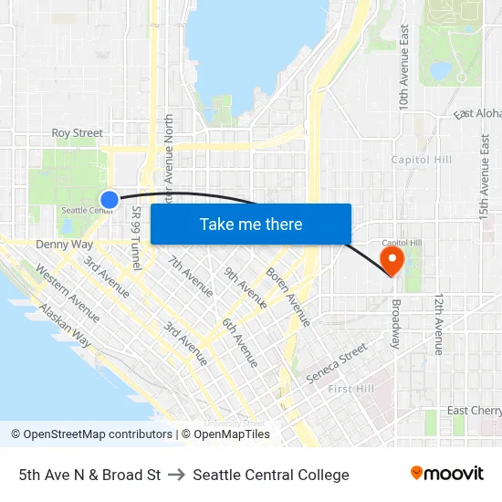 5th Ave N & Broad St to Seattle Central College map