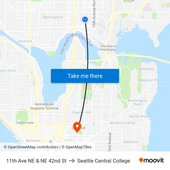 11th Ave NE & NE 42nd St to Seattle Central College map