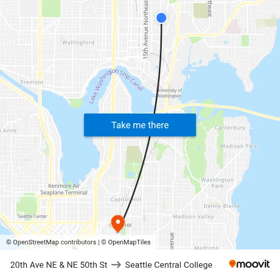 20th Ave NE & NE 50th St to Seattle Central College map
