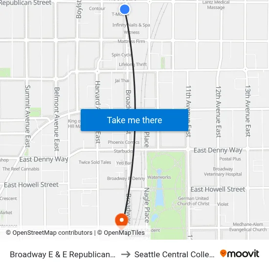 Broadway E & E Republican St to Seattle Central College map