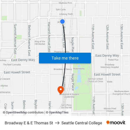 Broadway E & E Thomas St to Seattle Central College map